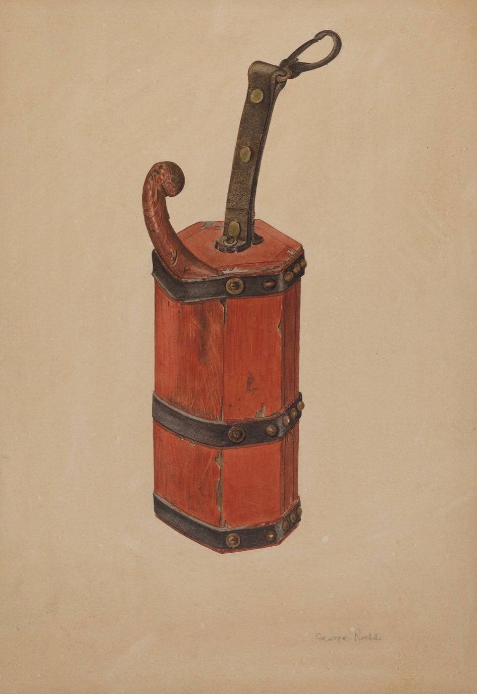 A painted red wooden first-aid kit with iron bands and a leather strap