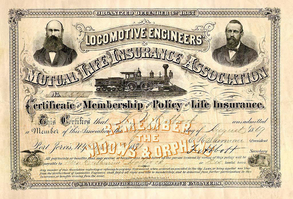 An engraved 1871 life-insurance certificate with a steam locomotive and two portraits